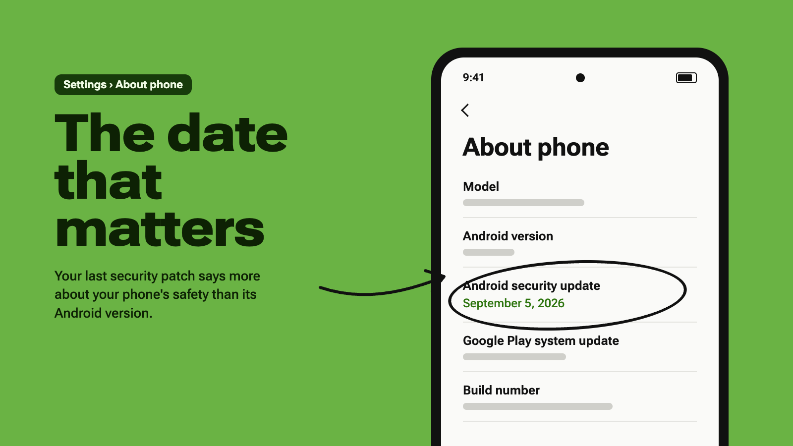 Illustration of an Android phone's About phone screen with the security update date highlighted